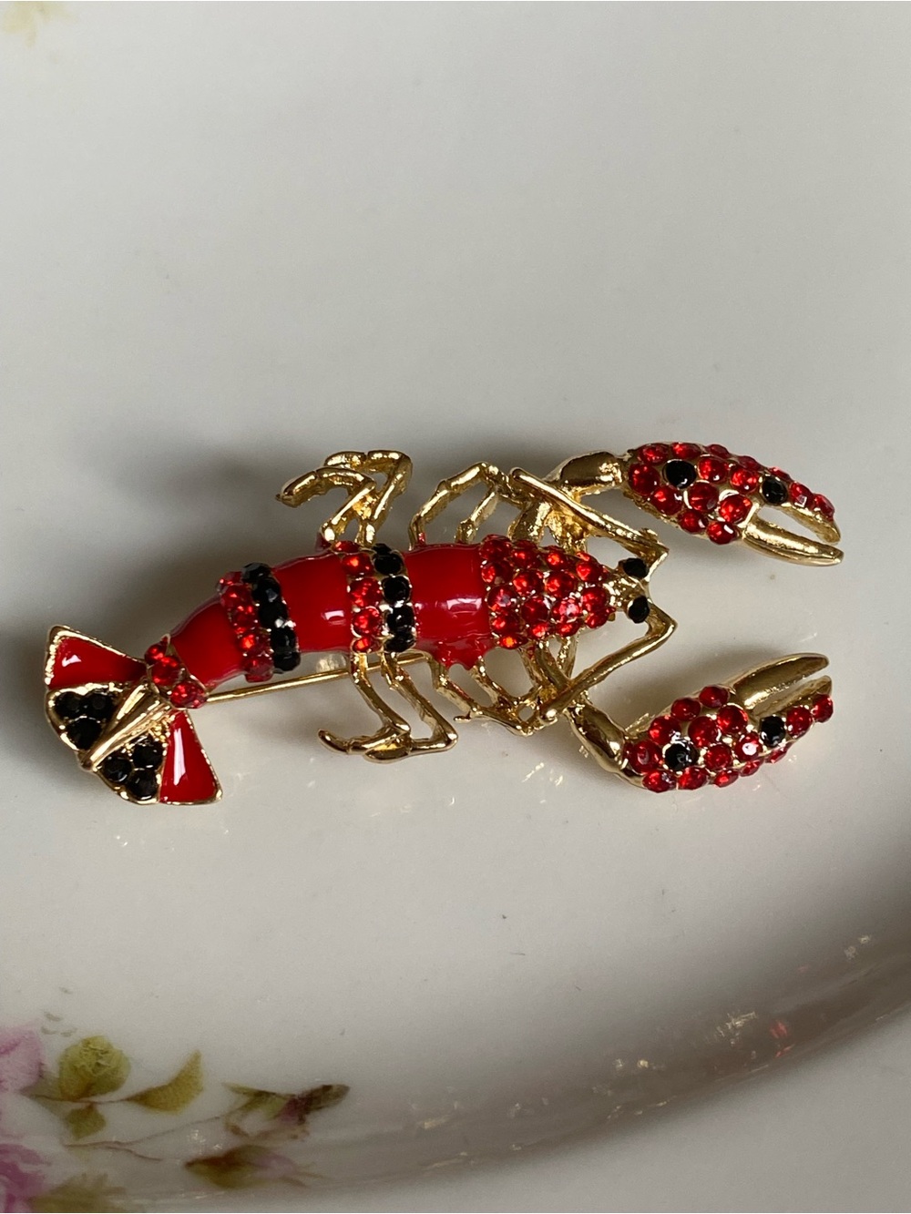 Gold-Tone Red & Blk Lobster Brooch
